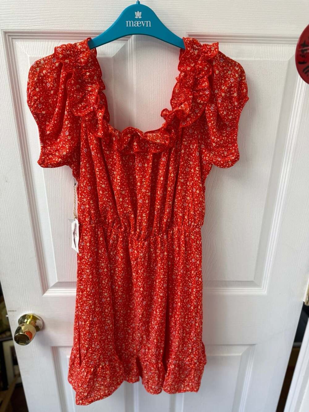 Jessica Simpson Women's Red Floral Print Ruffle Short Sleeve Mini Dress
